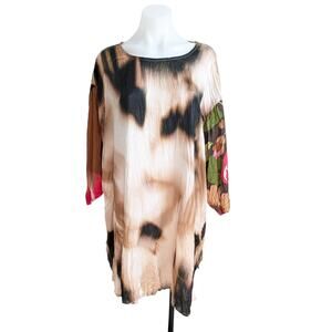 Alembika Size XS Butterfly Tunic Dress Tan Multicolor Crew Neck 3/4 Sleeves